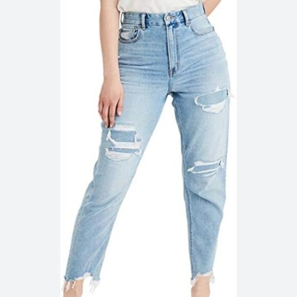 American Eagle Curvy Mom Jean Distressed Lt Wash Denim Jeans Shredded Raw Hem 6 - Picture 2 of 10